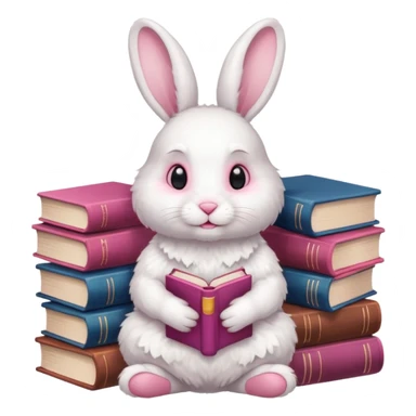 White rabbit sitting on 4 legs next to a stack of books consisting of 3 books sticker