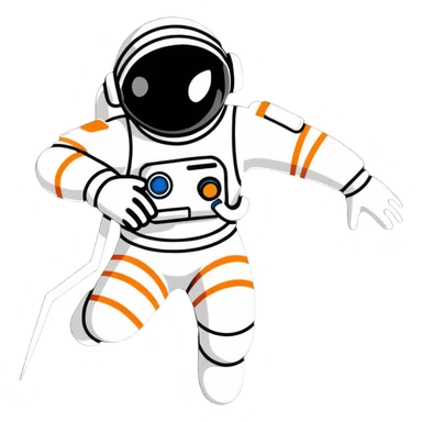 Stylized futuristic astronaut in mid-flight pose, heroic silhouette, dynamic diagonal motion lines sticker