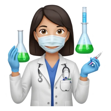 medica con guantes  y mascarilla e insumos laboratorio reactivo jerigan tubos  pelo negro largo triguella sin testoscopio sticker