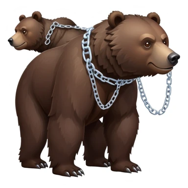 Dark chocolate brown grizzly bear shown from head to tail, standing on four legs, realistic appearance, serious face, ice chain collar, complete body sticker