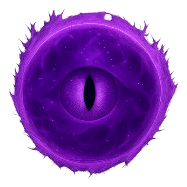 Change the green energy ball to a purple energy ball with a mystical eye in the center, keep the glowing and mystical effect, no background. Maintain the magical and ethereal appearance with vibrant purple hues and a glowing mystical eye at the core. sticker