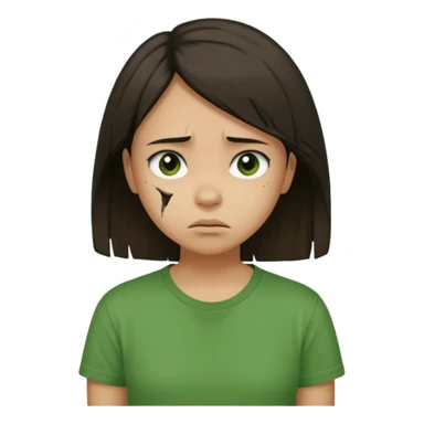 Young girl with straight, dark, damaged, and unkempt hair, wearing a green T-shirt, with a sad and discouraged expression. sticker