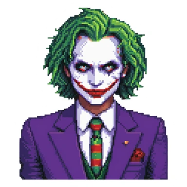 The Joker villain full body with green hair, purple suit, white face, red lips sticker