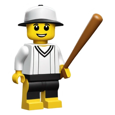 Yellow skin with a white t shirt and black pants Lego minifigure with a classic lego baseball cap sticker