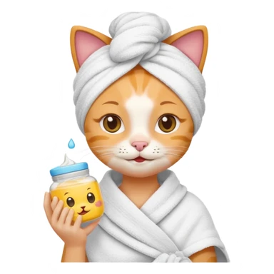 cute cat applying skin care cream with towel wrapped around head holding small jar fun emoji style sticker