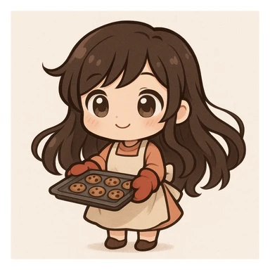 chibi-style brunette girl with short legs, long flowing hair, light-colored eyes, wearing an apron and baking cookies sticker