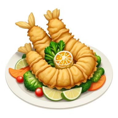 Tempura Cinematic Realistic Tempura Dish Emoji, depicted as extra crispy, lightly battered seafood and vegetables, rendered with vivid textures and dynamic, bright lighting. sticker
