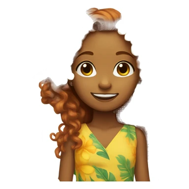 Brown skinned girl, long curly ginger hair, yellow Hawaiian flower in hair,  sticker