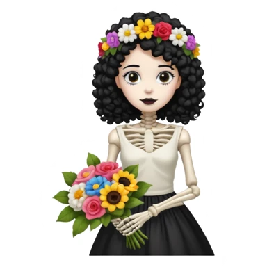 Skeleton with Flower Crown, curley hair black, with flower bouquet sticker