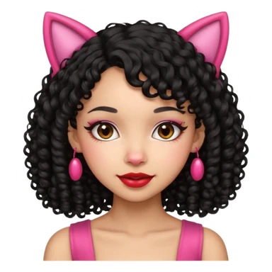 lightskin girl with black curly hair, red lipstick, pink cat ears sticker