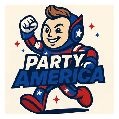 mascot-style creature for 'Party America' inspired by Elon Musk, with the party name 'Party America' integrated into the design, creature looks innovative and American, with stars and stripes sticker