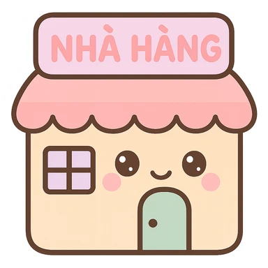 Change the restaurant sign to Vietnamese: 'nhà hàng', keep the kawaii chibi anime style with flat pastel colors, thick outlines, and simple cute features, transparent background. sticker