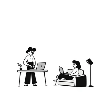 escenary 3d of a cozy mid-century living room with two people working on laptops, one man standing at a desk and one woman sitting on a couch, two walls and floor visible sticker