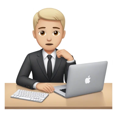 A worried manager sitting at a desk with a MacBook, hands on the keyboard, looking stressed sticker