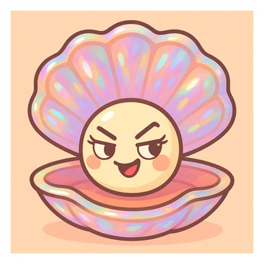Add pearlescent effects on the oyster shell, make the oyster smaller and the shell bigger, keep the eyelashes and feminine touch, maintain the pastel toon style, background, colors, and mischievous expression as in the reference image. sticker