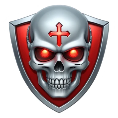 Sci-fi shield badge, terminator style skull, glowing red eyes, crossed futuristic sable and energy sword, no background sticker