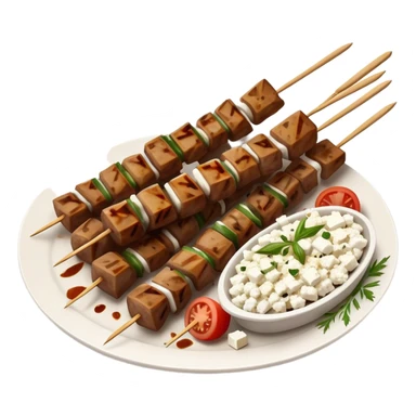 Souvlaki Cinematic Realistic Souvlaki Dish Emoji, depicted as skewered, grilled meat served with a side of crumbled feta cheese, rendered with rich textures and dynamic, appetizing lighting. sticker