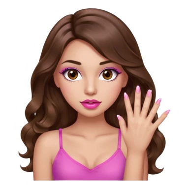 girl with long wavy brown hair, brown eyes, light to medium complexion, in a pink sexy top, pink puckered lips, long lashes, showing a manicure sticker