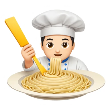 Shanxi knife-cut noodles with chef slicing dough, simplified emoji style with bold outlines and bright colors, cartoon style flying noodle strips sticker