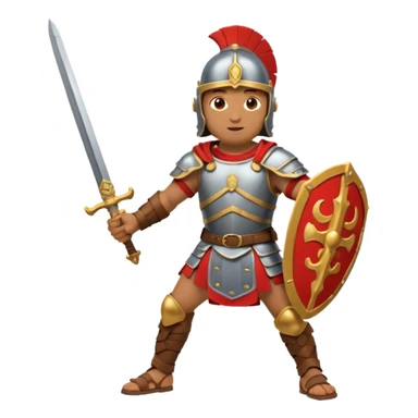 Roman gladiator with helmet and sword, dynamic pose, Puy du Fou theme park emoji sticker