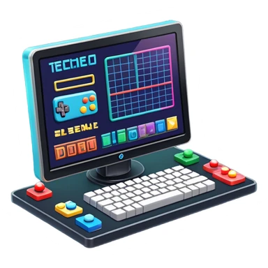 Emoji for Game Design: computer screen with Professional game development interface, 3D models, pixel art and design tools like grid, wireframe, gamepad, joystick, stylus. Symbolizes the technical and creative process of game development. Transparent background. sticker