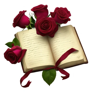 A crimson bouquet of roses with a silk ribbon and an old handwritten diary sticker