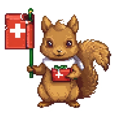 squirrel with a gift and a Swiss flag sticker