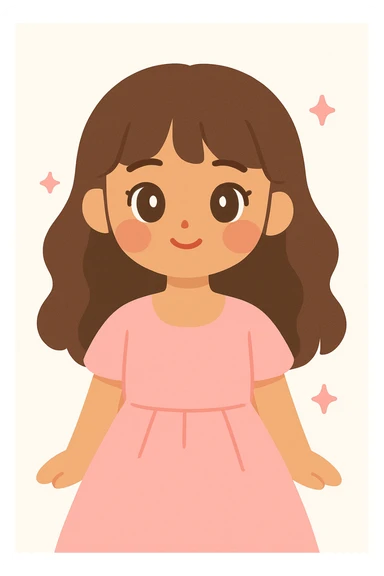 feminine girl with medium skin, soft pink cheeks, big dark hazel eyes, long wavy brown hair and bangs, straight nose, natural red lips, pretty features, in a beautiful pink dress sticker