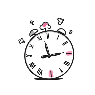 hand-drawn doodle of a clock with numbers flying, pink accents, playful sticker