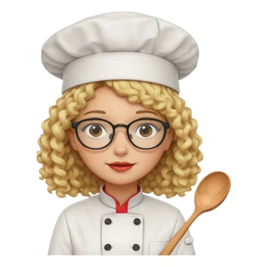 blonde girl with curly hair and glasses with a Mexican hat and chefs uniform sticker