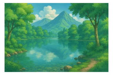 a lake surrounded by trees and mountains, ghibli-inspired style sticker