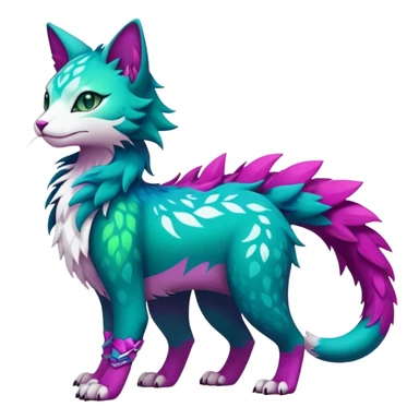 Kawaii cute colorful iridescent deep-dark-turquoise-green and magenta and white beautiful pretty elegant divine edgy feline-vernid-sergal-Fakémon-Pokémon-fursona-animal-creature with accessories, full body, with intricate detailed markings sticker