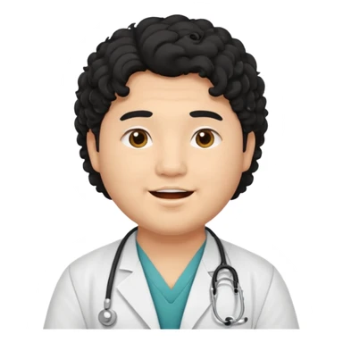 a young asian chubby male doctor with black long curly hair and cheerful face without gpasses sticker