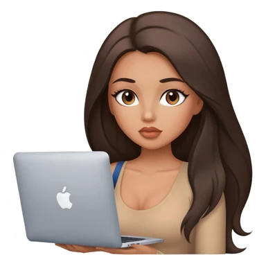 Glamours tanned very beautiful girl with big pump peach lips and dark chocolate straight smooth long hair, blue-grey eyes in brown/beige bodysuit with MacBook sticker