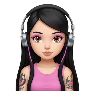 generate a pretty bratz girl with black long straight hair and headphones on, tattoo on shoulder, eyeliner on sticker