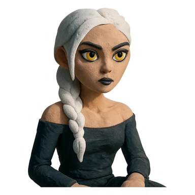 closeup portrait of young woman with gold yellow eyes, white hair in a long braid, black off-shoulder top, punk gothic style, futuristic cyberwave, sitting position sticker