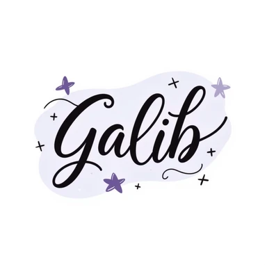 elegant cursive and bold typography of the word 'Galib' in a dreamy style, surrounded by ✨💖🌙💫🔥 emojis, with a soft gold-lavender-blue gradient, luxurious and glowing sticker