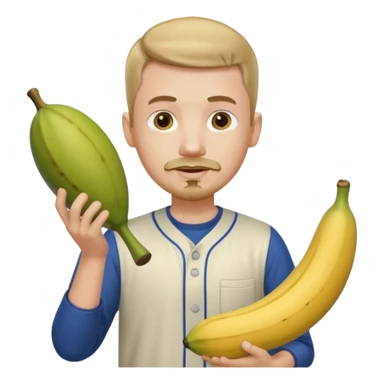 pale guy with short hair with goatee holding platano and baseball  sticker