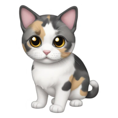 older round diluted calico, white chin, black and pink nose, grey ears, grey and white sticker