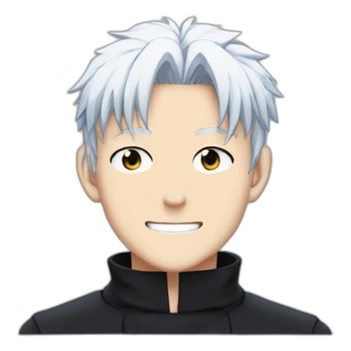 gojo satoru smiling from jujutsu kaisen with white hair, blue sky eyes, wear a black tshirt sticker