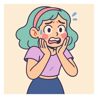 a stylish girl with anxious expressions, pastel cartoon style, soft colors, cute and expressive sticker