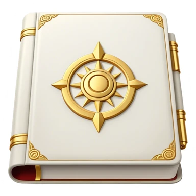 A white leather book with golden accents, smooth and polished, embossed with a symbol of six pillars,, radiating strength, confidence, and the power of self-worth.  sticker