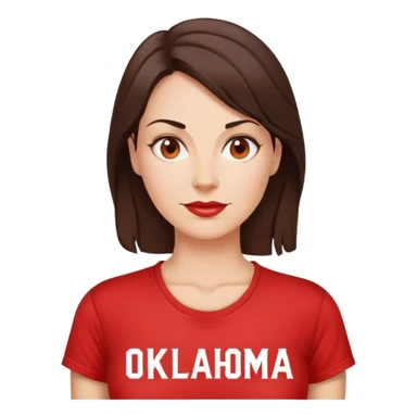 Brunette 40 year old woman in a red “OKLAHOMA” t-shirt sticker
