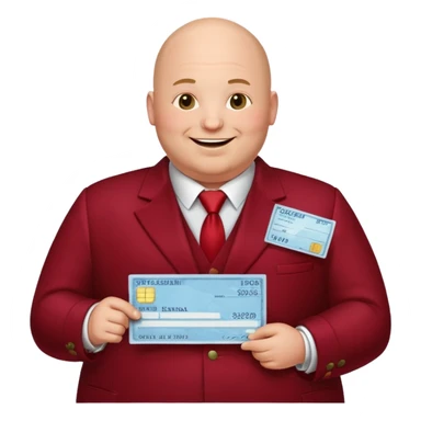 fat guy bold head in dark red velvet suit holding cheque sticker