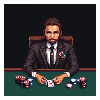 mafia guy sitting at a poker table with cards and chips, pixel art style sticker
