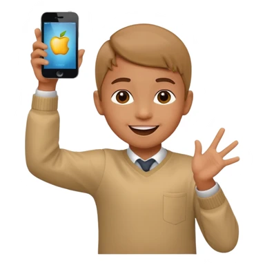 happy child dancing with a phone, one arm up, apple style emoji sticker