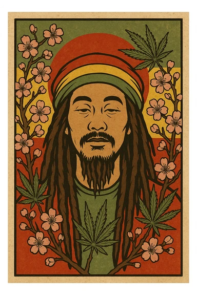 Vintage poster of an Asian Rasta with long dreadlocks, peaceful eyes, and a red-gold-green tam. Surrounded by cherry blossoms and ganja leaves. Background blends Rasta colors into an Asian flag (e.g., red sun from Japan or Chinese star). Retro reggae fusion vibe, with bold lines and aged paper texture.
 sticker