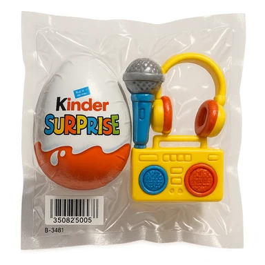 Kinder Surprise egg with standard wrapper next to toys: microphone, boombox, headphones, glossy vacuum-sealed style sticker