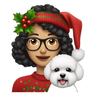 woman-black hair-christmas hat-with glasses-with bichon dog-white-smile sticker