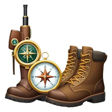 Icon for Hunting Tourism: a rifle, hunting boots, and a compass on a forest background, with a silhouette of wildlife in the distance. The icon should capture the adventure and connection with nature in hunting tourism. Transparent background. sticker